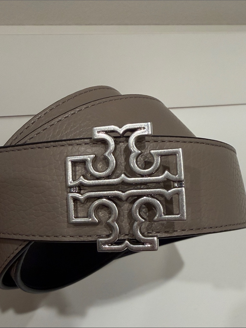 Tory Burch Taupe Leather Belt with Silver Logo Buckle - Picture 2 of 3